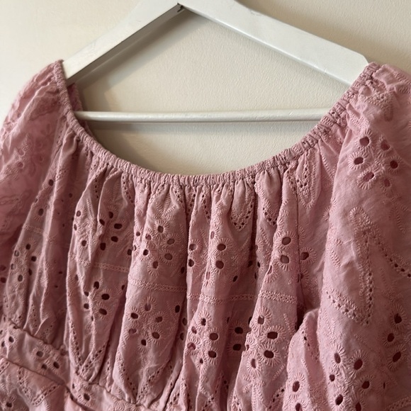 Pretty Garden Eyelet Overlay Short Puff Sleeve Ruffle Hem Babydoll Boho Dresses - Picture 8 of 12